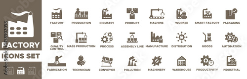 Factory icon set. industry,  process, automation, product, quality control, assembly line, production, machine, manufacture, warehouse, fabrication, goods. Solid vector icons set. easily change, EPS