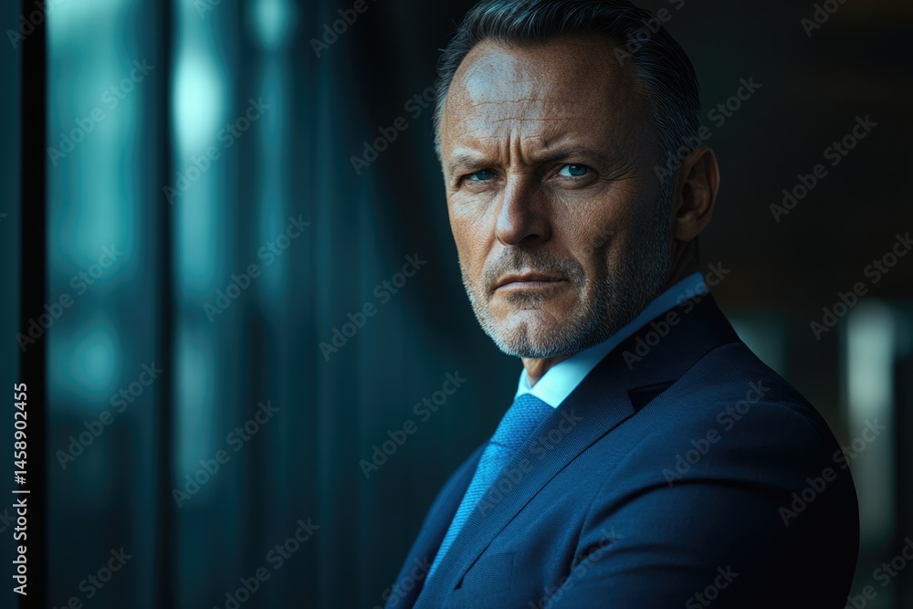 A stern-faced middle-aged businessman in a blue suit, exuding power and confidence. A stern-faced middle-aged businessman in a blue suit, exuding power and confidence.