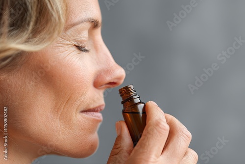 Woman Smelling Liquid From Bottle