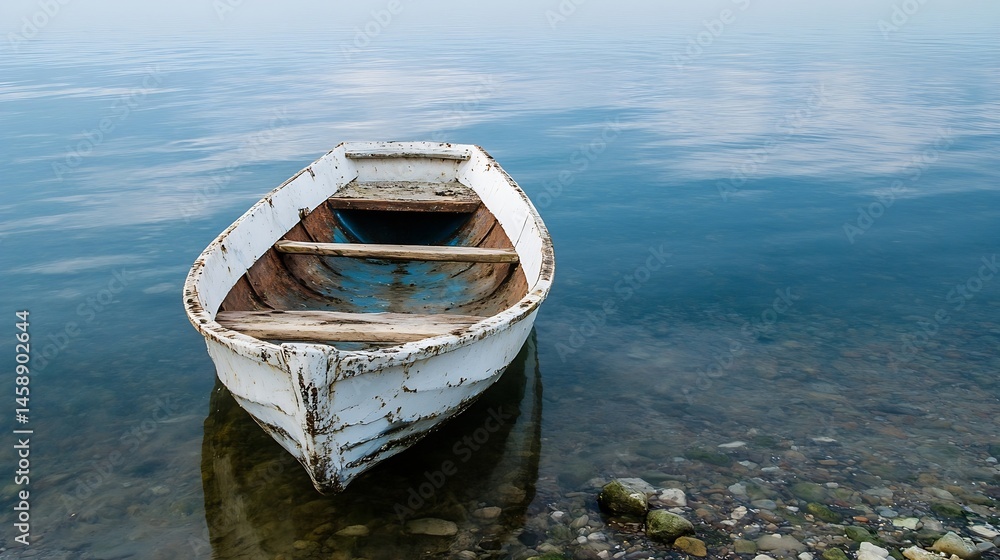 Obraz premium Solitary weathered wooden boat rests gently in calm, clear water near a rocky shore, reflecting the tranquil sky. : Generative AI