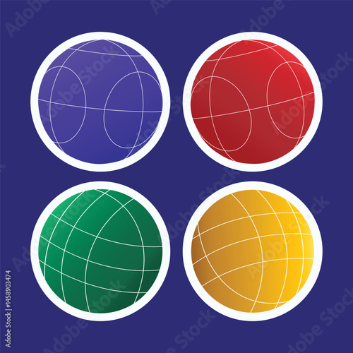 Set of bocce ball stickers in four team colors, perfect for games, icons, labels, and sports branding.