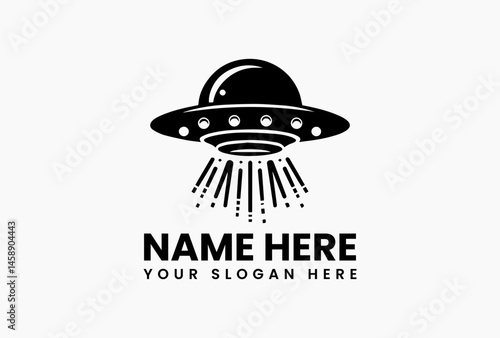 Bold black UFO with glowing beam lights, retro sci-fi vector logo for conspiracy podcasts and alien-themed brands 