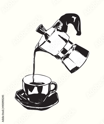 Black and White Moka Pot Pouring Coffee Illustration