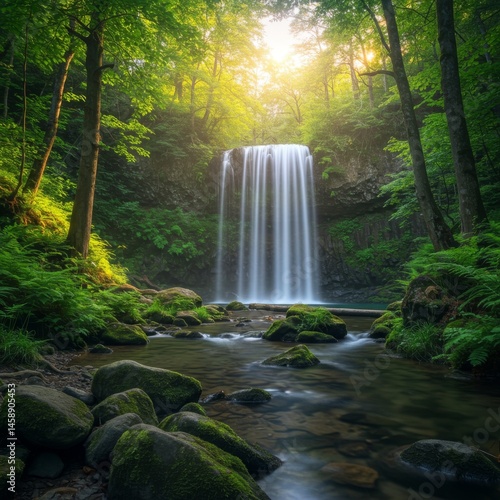 Sunlit Waterfall in Lush Green Forest