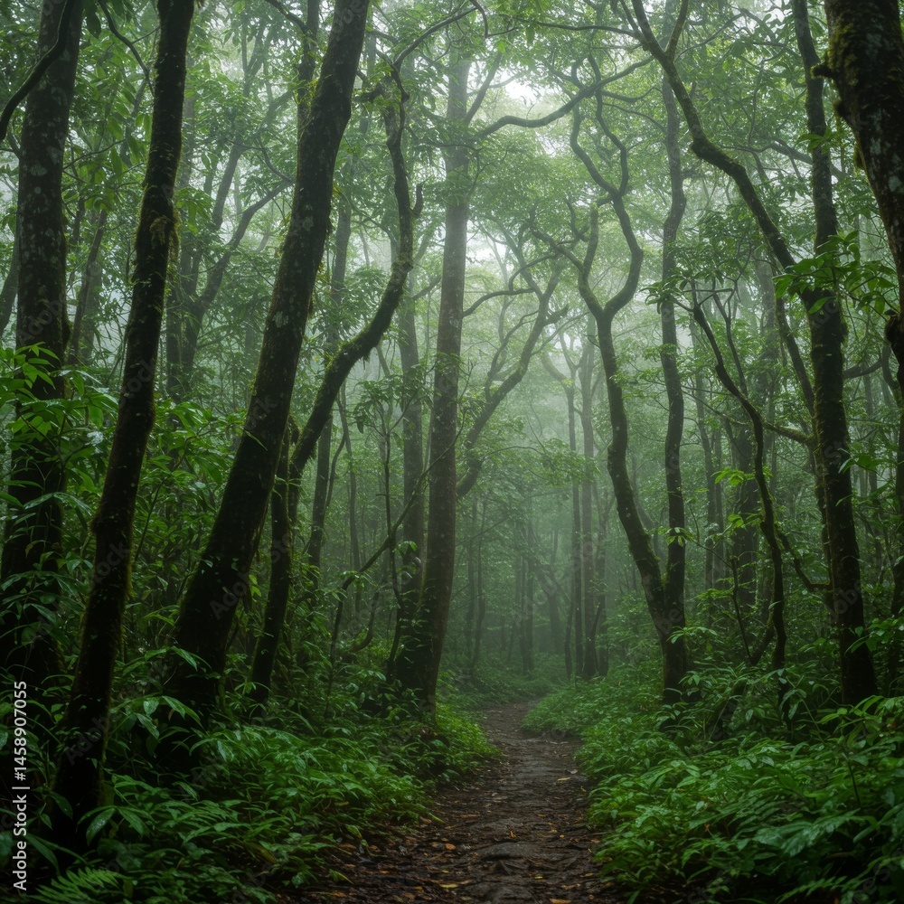 Misty Forest Path: Lush Green Canopy and Mossy Trees Misty Forest Path: Lush Green Canopy and Mossy Trees