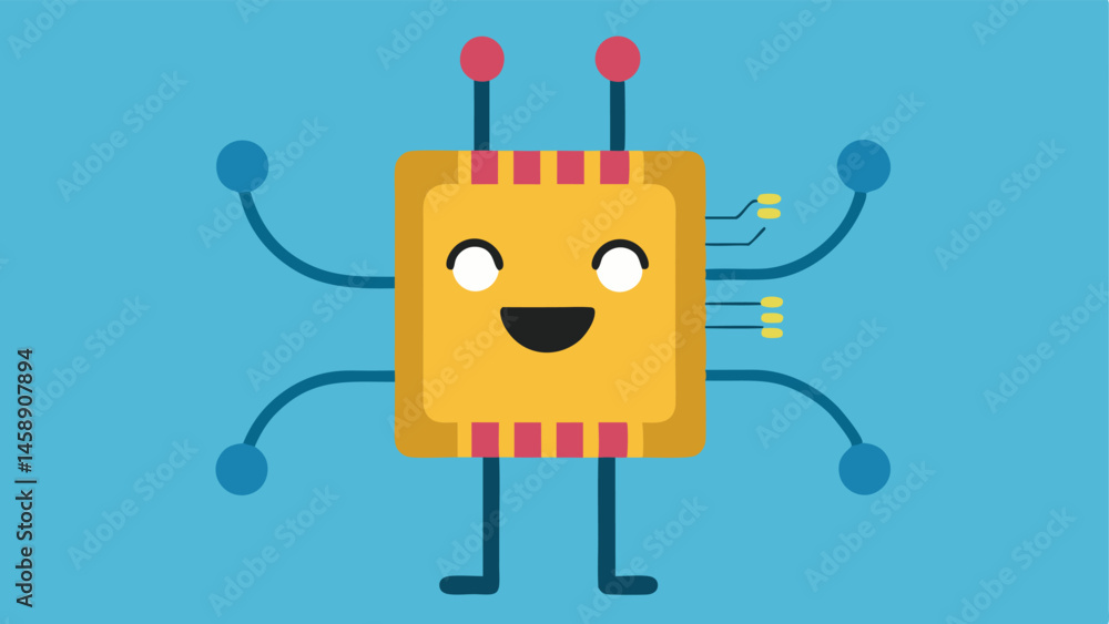 Naklejka premium Microcontroller Animation A playful depiction of the microneedling device as a cartoon character actively stimulating collagen fibers enhancing their growth with a smile.