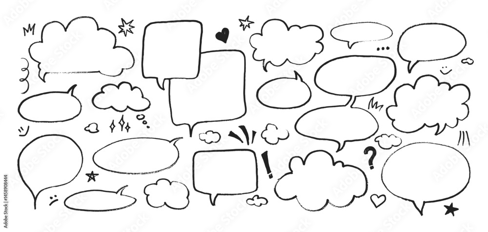 Fototapeta premium Dialogue speech bubbles with pen or crayon chalk doodle emphasis hand drawn style vector illustration set. Chat balloons crayon chalk style various dialogue frames collection hand drawn sketch style.