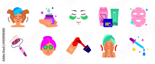 Skincare icon set. Beauty care elements including face masks, creams, rollers and cosmetic bottles. Facial treatment and wellness routine colorful symbol. Spa sign. Hygiene and self-care pictogram