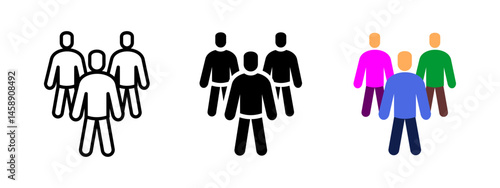 Group of people icon. Three human figures standing together vector illustration. Community members and team collaboration symbol. Social connection and user group sign. Human network pictogram.