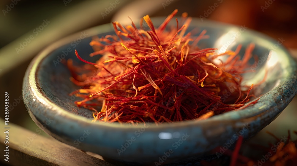 Fototapeta premium Vibrant saffron threads elegantly presented in a blue ceramic bowl, ready for use.