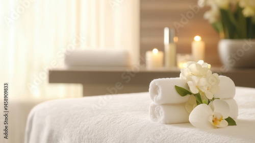 A white towel is placed on a bed with a flower on top of it