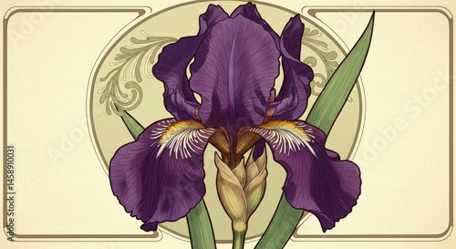 Detailed illustration of a vibrant purple iris with ornate decorative frame.
