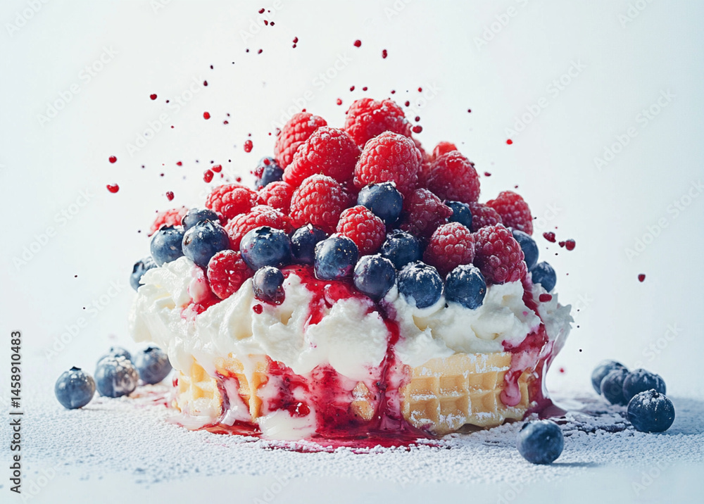 delicious combination of fresh berries layered on top of creamy cream cheese,vanilla ice cream, served with freshly made honey-colored waffles. The colors of the blueberries and raspberries