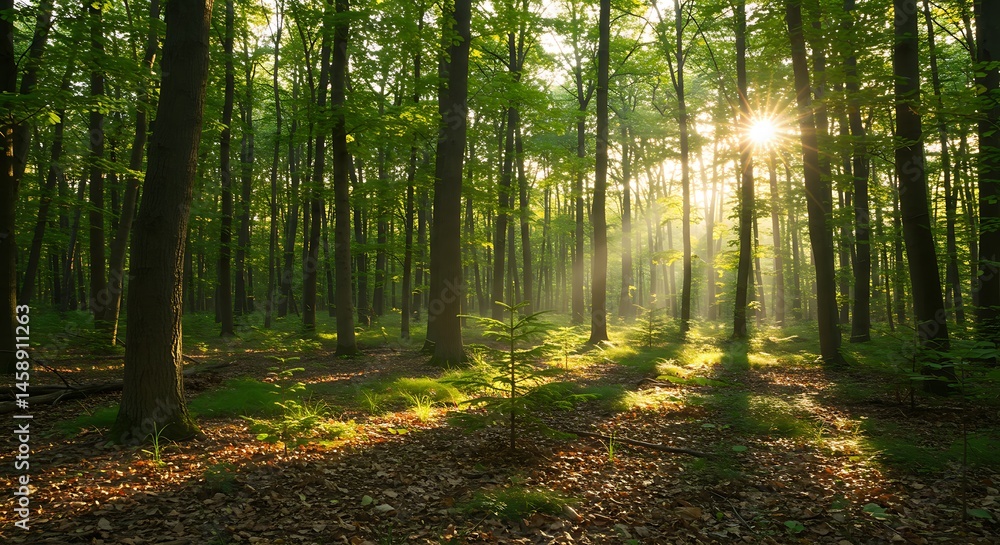 Naklejka premium Sunlight streams through tall trees in a lush green forest, casting long shadows and creating a serene, misty atmosphere.