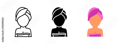 Spa woman icon. Female figure with towel wrap on head and shoulders vector illustration. Beauty and relaxation symbol. Represents wellness, hygiene, and skincare treatment sign. Self-care pictogram.