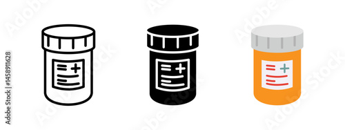 Pill bottle icon. Medicine container with prescription label vector illustration. Storing drugs and capsules symbol. Medical treatment and pharmacy sign. Medication pictogram.