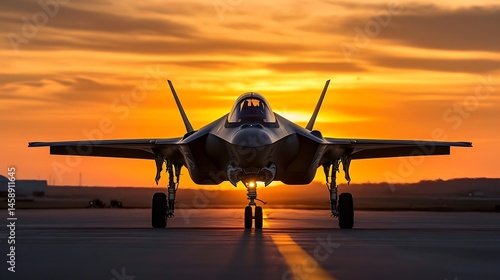 Wallpaper Mural F-35 Lightning II stealth fighter jet silhouetted against a vibrant sunset, showcasing its powerful design and advanced technology on a runway. : Generative AI Torontodigital.ca