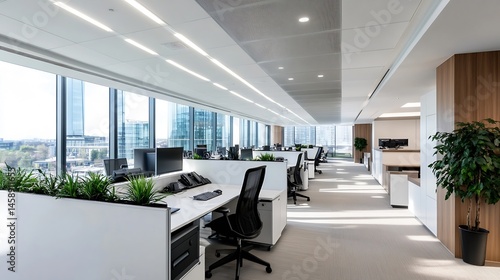 Modern open plan office workspace with white desks, black chairs, and large windows offering city views. Sunlight streams through the glass, illuminating the contemporary interior desi : Generative AI