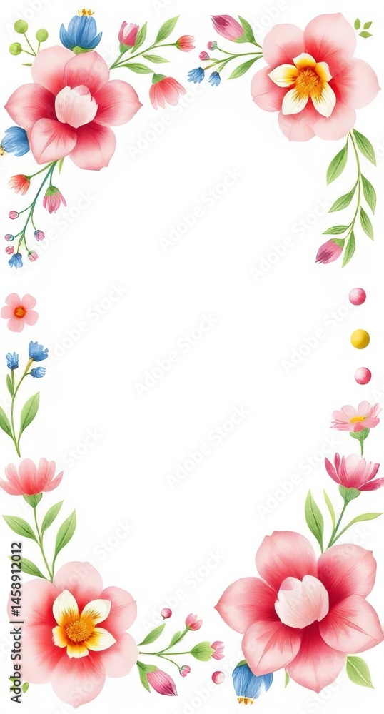 A delicate watercolor illustration featuring an oval frame composed of soft pink and blue flowers with green leaves, perfect as a decorative border or template for invitations and greetings A delicate watercolor illustration featuring an oval frame composed of soft pink and blue flowers with green leaves, perfect as a decorative border or template for invitations and greetings