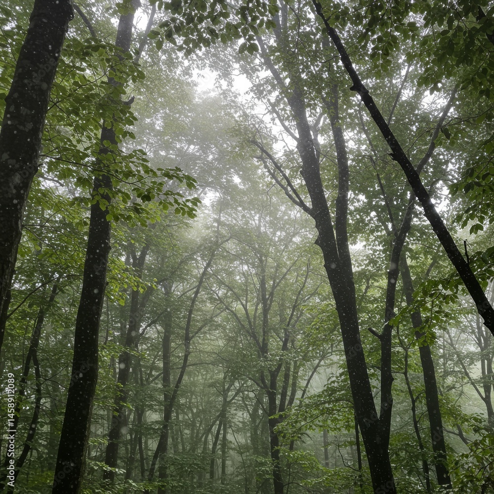 Obraz premium Lush Green Forest With Sunlight Filtering Through Dense Canopy