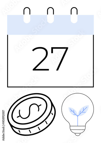 Calendar page with date 27 paired with coin and lightbulb featuring a leaf design. Ideal for concepts thumbs up time management, financial planning, innovation, sustainability, investment