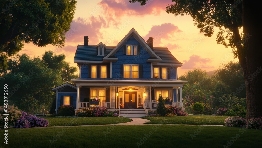 Charming blue house at dusk, surrounded by trees Charming blue house at dusk, surrounded by trees