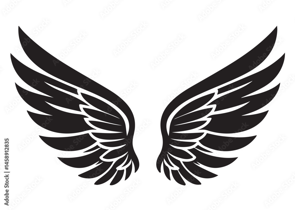 Fototapeta premium vector silhouette angel wings logo silhouette, black angel wings logo icon design vector, flying eagle bird wing vector silhouette, wings logo icons vector silhouette design on white background.