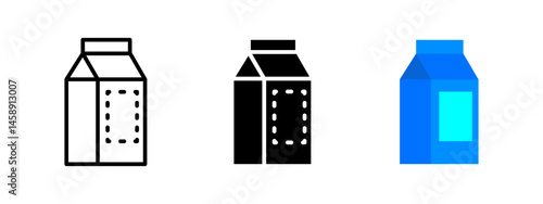 Milk carton icon. Rectangular blue beverage container with label vector illustration. Used for packaging dairy drinks symbol. Grocery product and breakfast sign. Food pictogram.