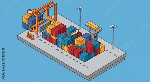 Isometric Illustration of a Cargo Port with Containers Being Loaded onto a Barge