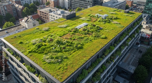 Aerial View of Green Rooftop Garden in Urban City