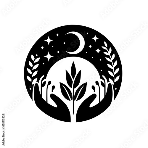 Celestial Hands Holding Plant Life - Minimalist Black & White Logo