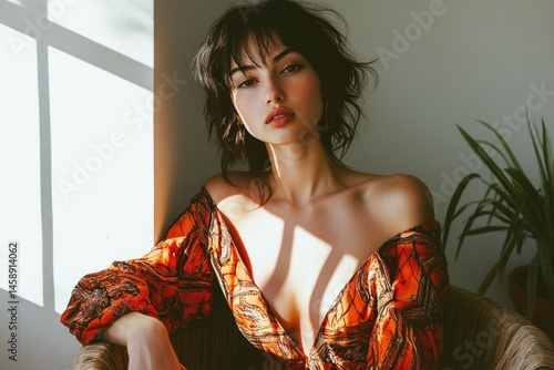 A young woman with dark hair and bangs poses in a low-cut orange patterned dress.