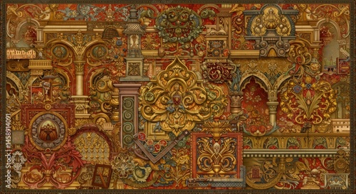 Ornate Tapestry Design with Gold and Red Accents