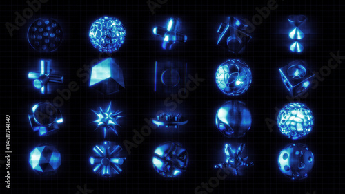 A set of 3D holographic 3D objects in a grid formation.