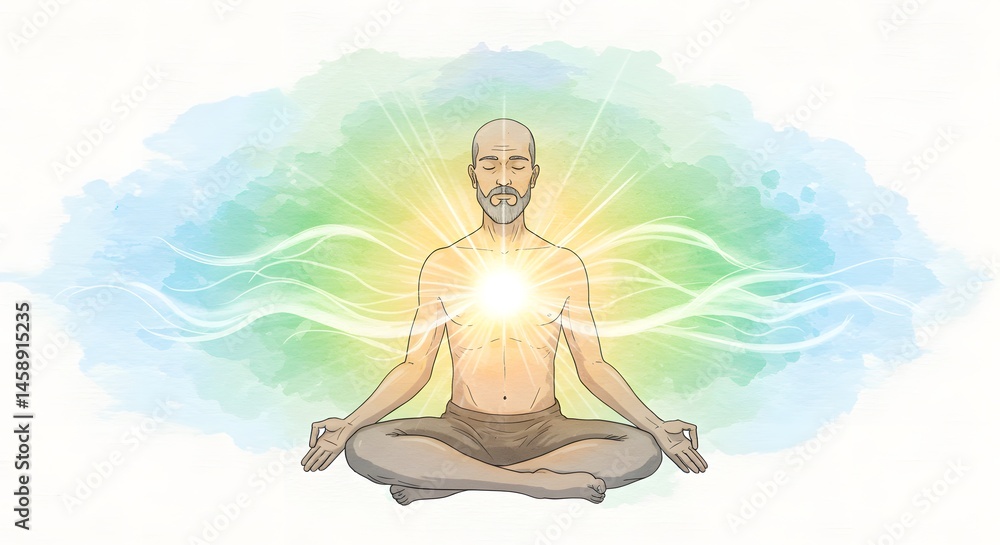 Man Meditating in a Serene Atmosphere with Radiating Energy and Soft Color Background Man Meditating in a Serene Atmosphere with Radiating Energy and Soft Color Background