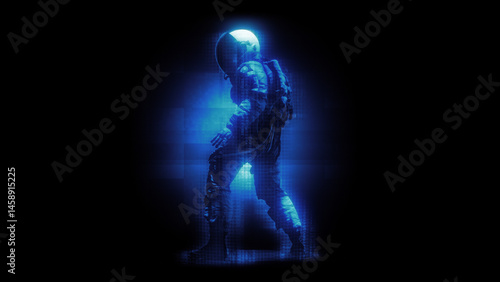 An astronaut character in a digital holographic effect style.