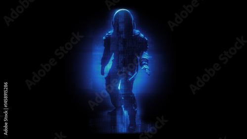 An astronaut character in a digital holographic effect style.