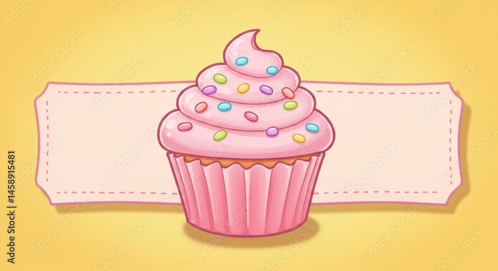 Pink Cupcake with Sprinkles on Yellow Background and Empty Label Pink Cupcake with Sprinkles on Yellow Background and Empty Label