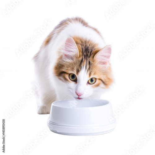 A curious cat approaches its empty white food bowl, ready for a meal. The cat's fur is fluffy and soft, showcasing a mix of colors that add to its charm.