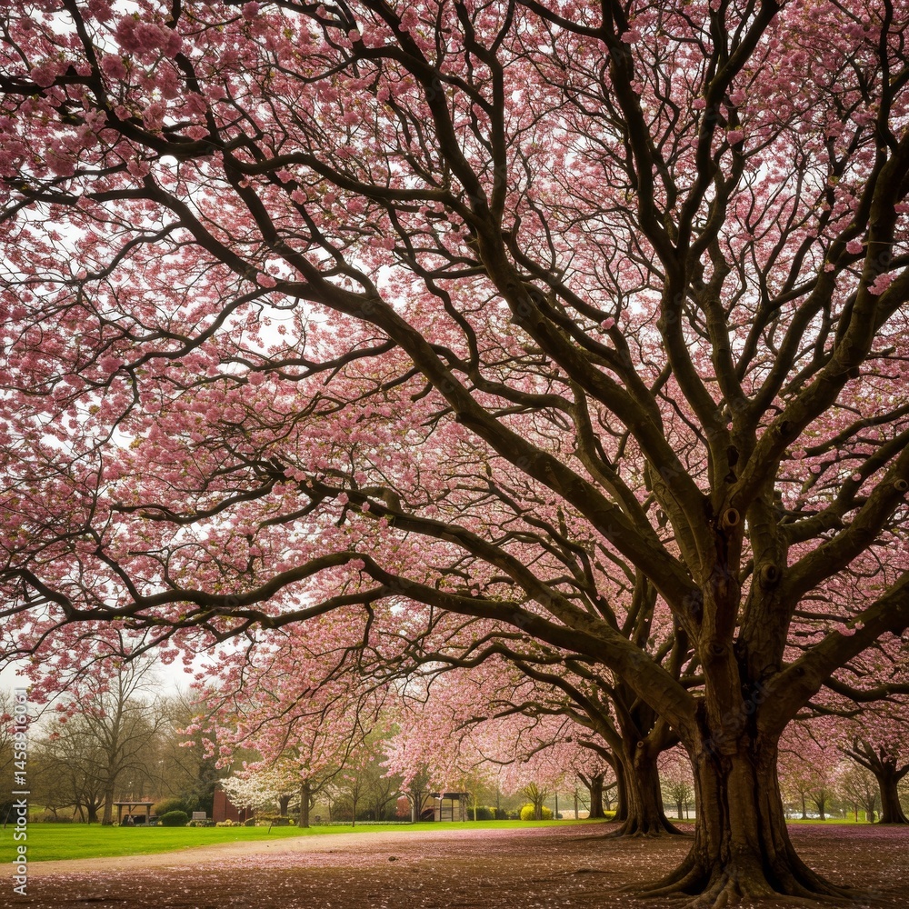 Pink Cherry Blossom Tree in Full Bloom in a Park Pink Cherry Blossom Tree in Full Bloom in a Park