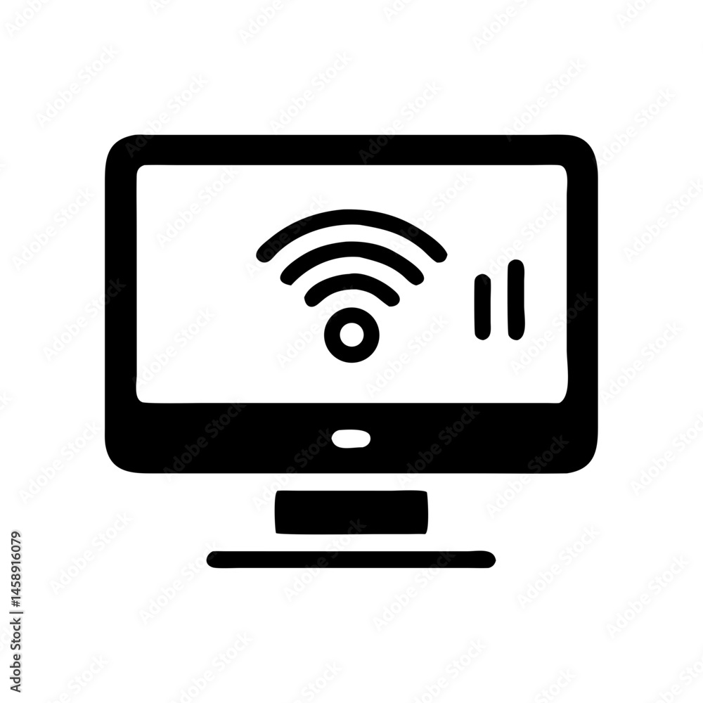 Monitor with Wireless Signal Icon Representing Connectivity or Screen Display Monitor with Wireless Signal Icon Representing Connectivity or Screen Display