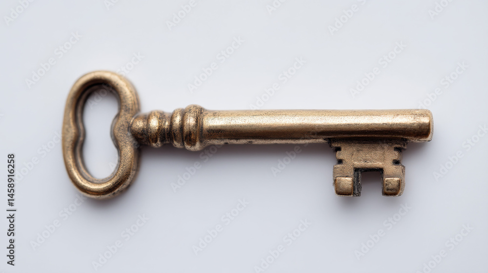 Close-up view of an antique brass skeleton key, isolated on a white background. The key shows signs of age and wear, suggesting a vintage or historical context. Close-up view of an antique brass skeleton key, isolated on a white background. The key shows signs of age and wear, suggesting a vintage or historical context.