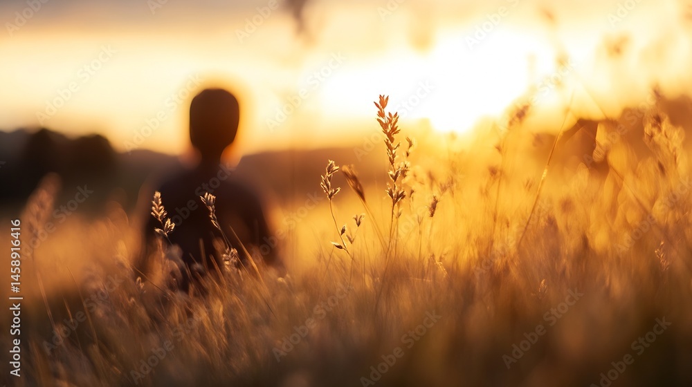 Fototapeta premium Silhouette of a person meditating in a field of tall grass at sunset, bathed in warm golden light, peaceful and serene atmosphere. : Generative AI