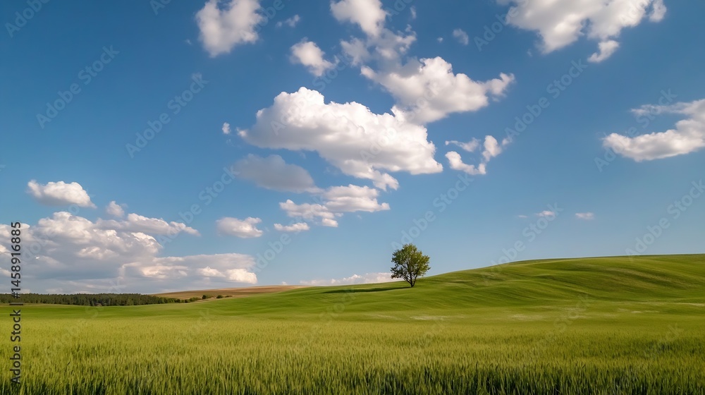 Fototapeta premium Solitary tree stands on a gently rolling green hill under a vibrant blue sky dotted with fluffy white clouds, creating a serene and peaceful landscape. : Generative AI