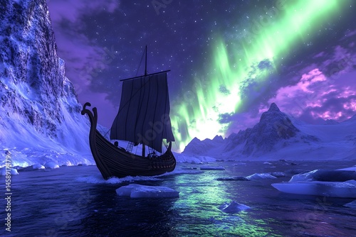 A viking ship sailing through icy waters underneath aurora borealis night sky