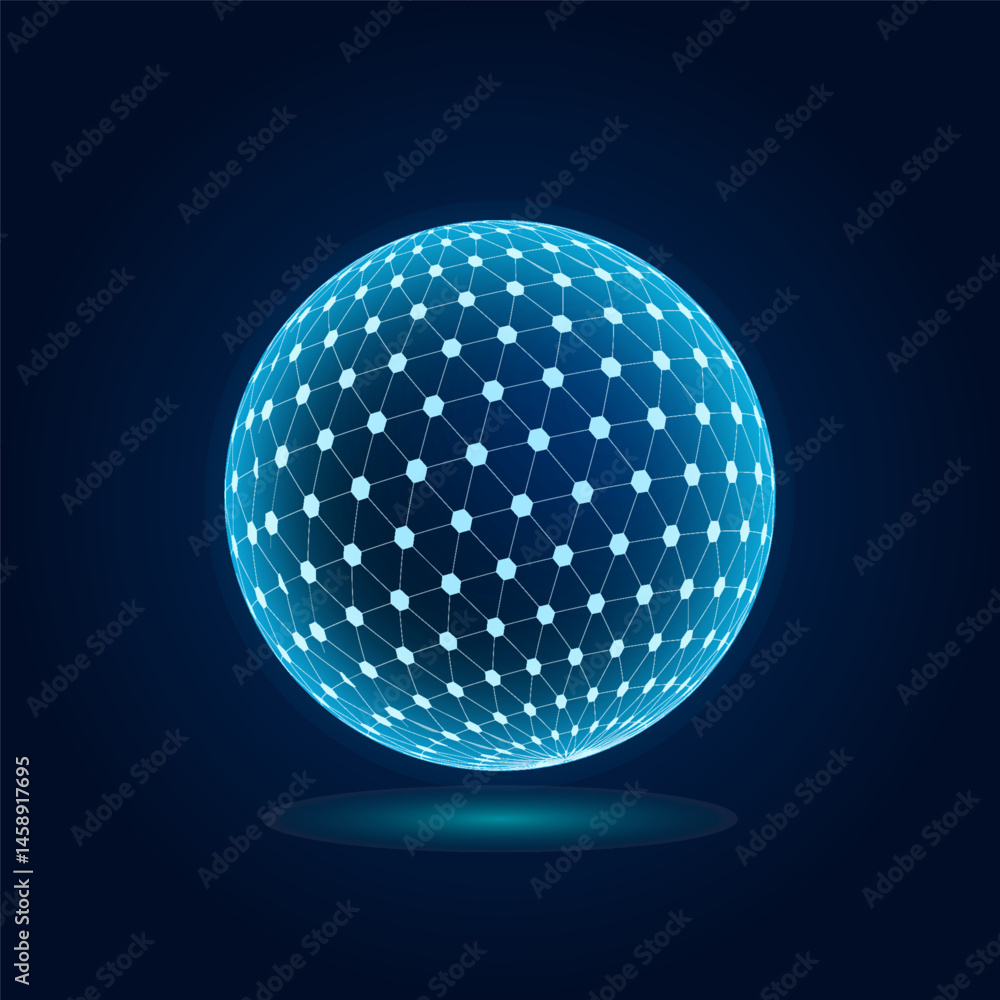 Protective dome shield sphere with hexagon, 3d ball on blue background artificial intelligence AI technology, Protection against viruses and cyber attacks, Vector illustration. Protective dome shield sphere with hexagon, 3d ball on blue background artificial intelligence AI technology, Protection against viruses and cyber attacks, Vector illustration.