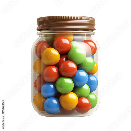 A glass jar filled with colorful candy balls, showcasing vibrant shades of red, blue, yellow, green, and orange, perfect for sweet treats or decorative purposes.