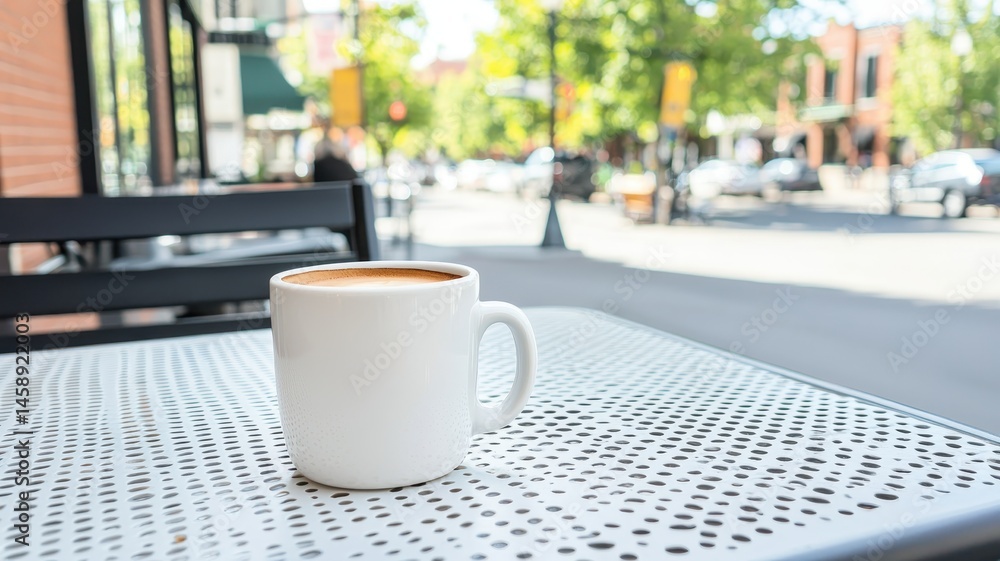 Fototapeta premium Urban street view featuring coffee brewing in a cup, showcasing vibrant city life.