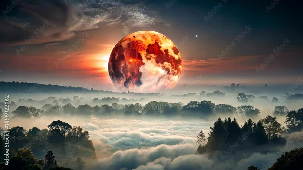 Fiery Planet Looms Large Over a Misty Forest at Dawn Fiery Planet Looms Large Over a Misty Forest at Dawn