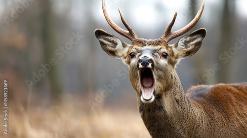 Close-up portrait of a young male deer with antlers, its mouth wide open in a surprised or startled expression, set against a blurred autumnal forest background. : Generative AI
